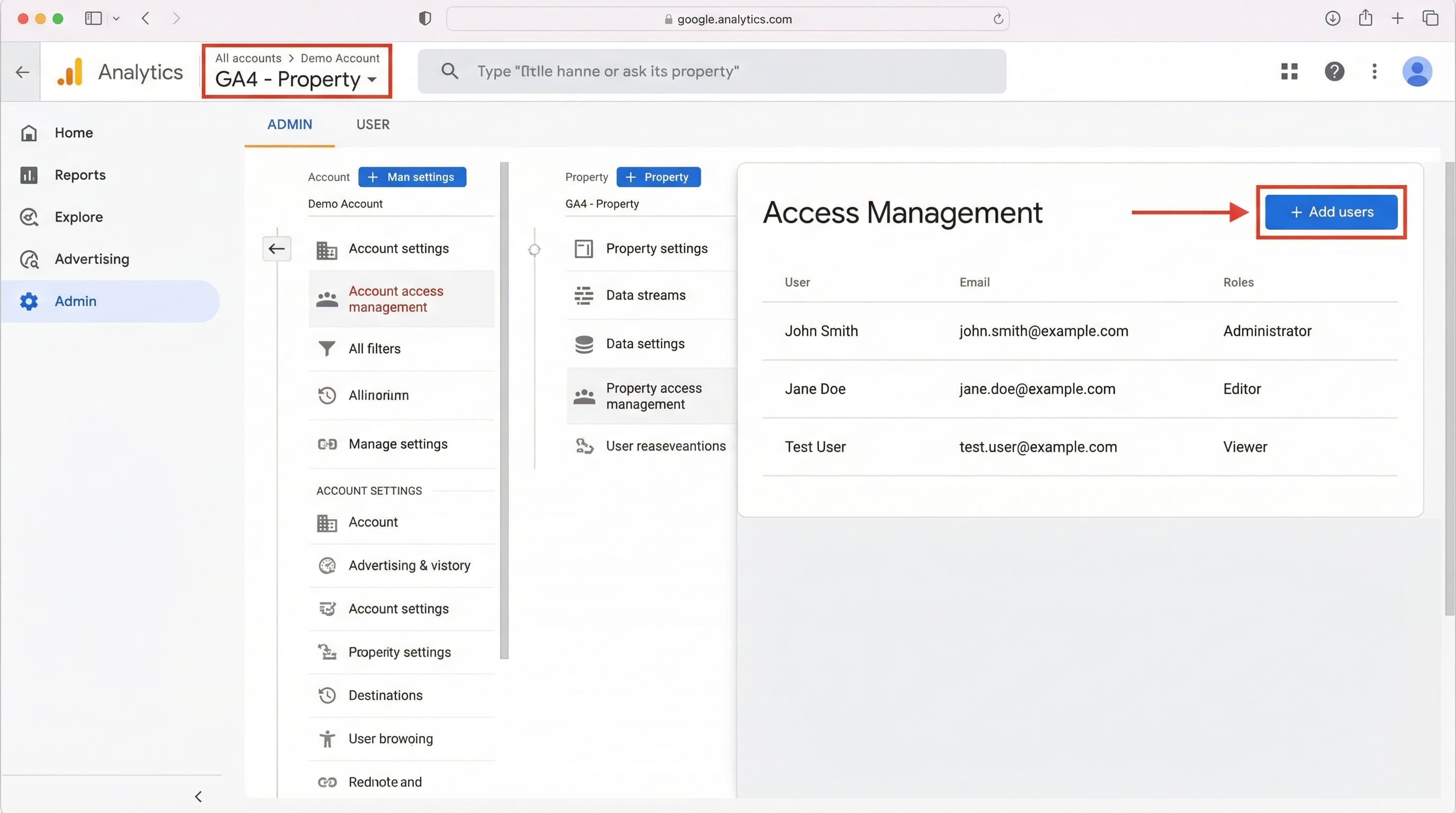 Google Analytics 4 access management screen