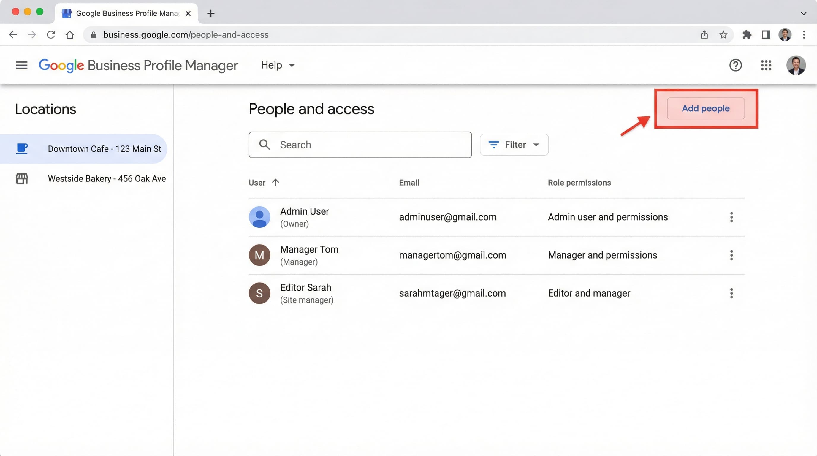 Google Business Profile people and access screen