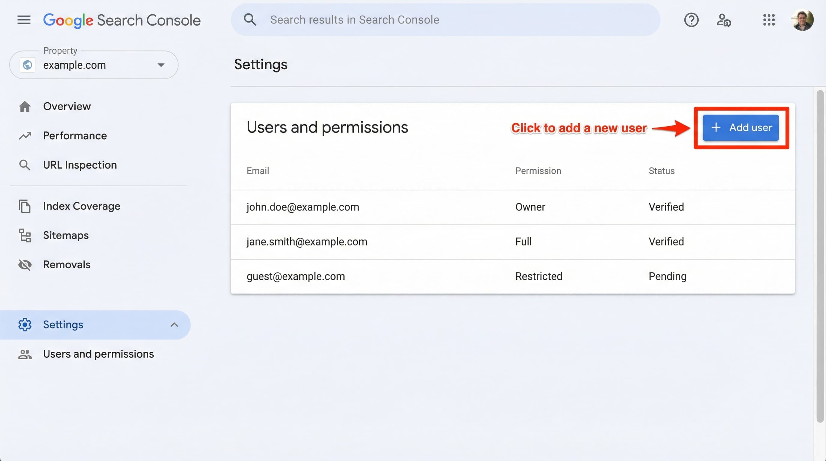 Google Search Console users and permissions screen